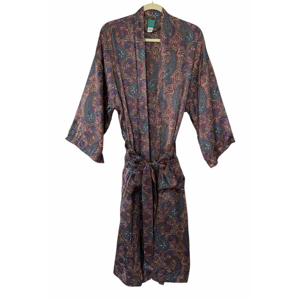 Isaac Zelcer Silk Robe Mens One Size Paisley Pockets Tie Closure Lounge Retro